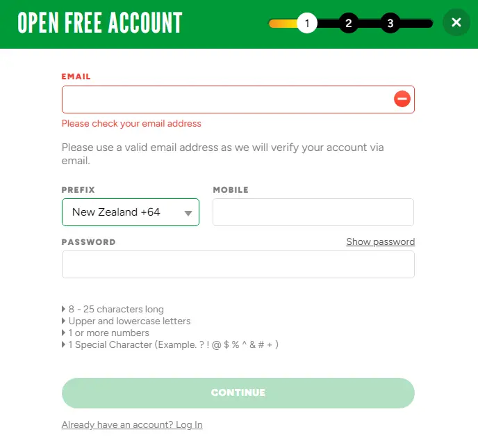 Registration form at rizk casino